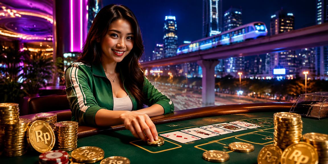 Meja baccarat dengan cahaya neon biru dan merah yang memukau di kasino
