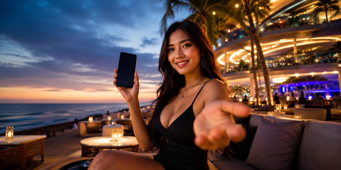 Dua pengguna berbagi informasi tentang program referral di tepi pantai
